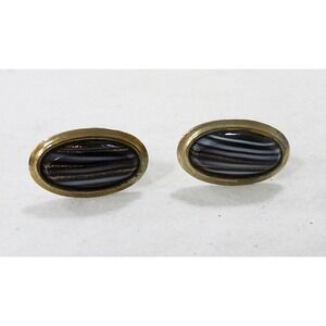 Vintage cufflinks art glass oval filigree black white gold preppy academia